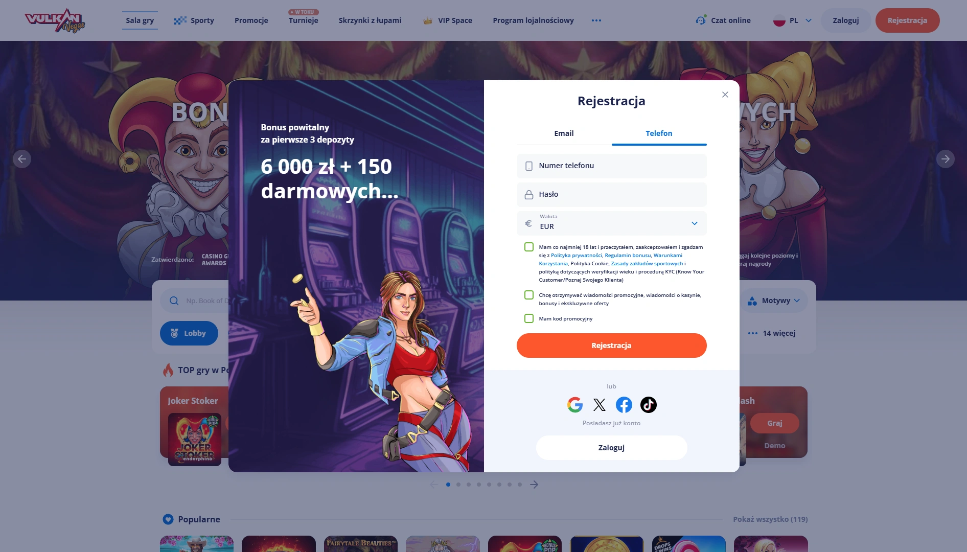 Rejestracja i logowanie w Vulkan Vegas online